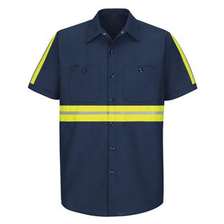 Men's Red Kap Enhanced Visibility Industrial Work Shirt Navy with Yellow / Silver / Yellow Visibility Trim
