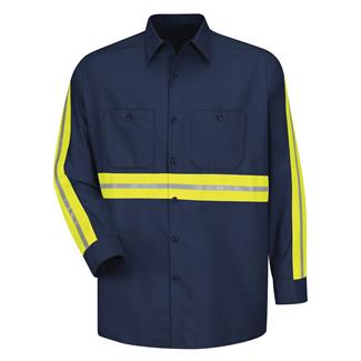 Men's Red Kap Enhanced Visibility Industrial Work Shirt Long Sleeve Navy with Yellow / Silver / Yellow Visibility Trim
