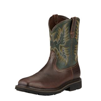 Men's Ariat Sierra Wide Square Toe Steel Toe Boots Dark Brown  / Pine Green