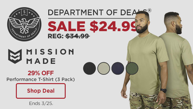 29% off Mission Made Performance T-Shirt (3 Pack). $24.99, REG: $34.99, Lie-flat crew neck. Quick-dry breathable fabric. Three shirts per pack. Anti-odor & wrinkle-resistant. Available in five colors. Shop Now