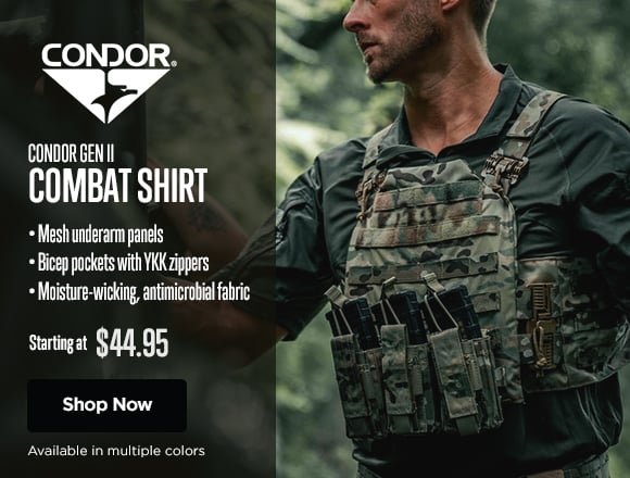 Condor Combat Shirt (Gen II). Mesh underarm panels. Bicep pockets with YKK zippers. Moisture-wicking, antimicrobial fabric. $44.95. Shop Now.