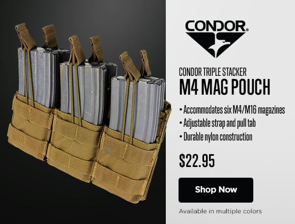 Condor Triple Stacker M4 Mag Pouch. Accommodates six M4/M16 magazines. Adjustable strap and pull tab. Durable nylon construction. $22.95. Shop Now.