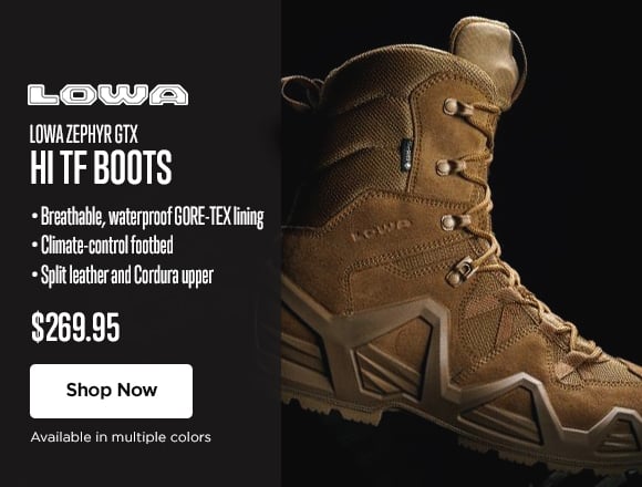 Lowa Zephyr GTX Hi TF Boots. Split leather and Cordura fabric uppers
Moisture wicking textile liner. Double injection DuraPU midsole. $269.95. Shop Now.