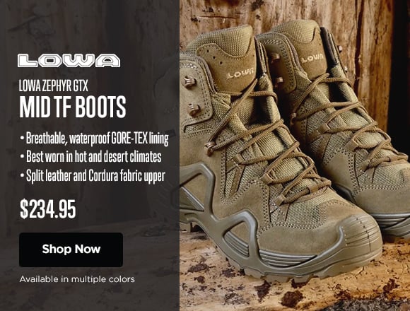 Lowa Zephyr GTX Mid TF Boots. Split leather and Cordura fabric uppers
Moisture wicking textile liner. Double injection DuraPU midsole. $224.95. Shop Now.