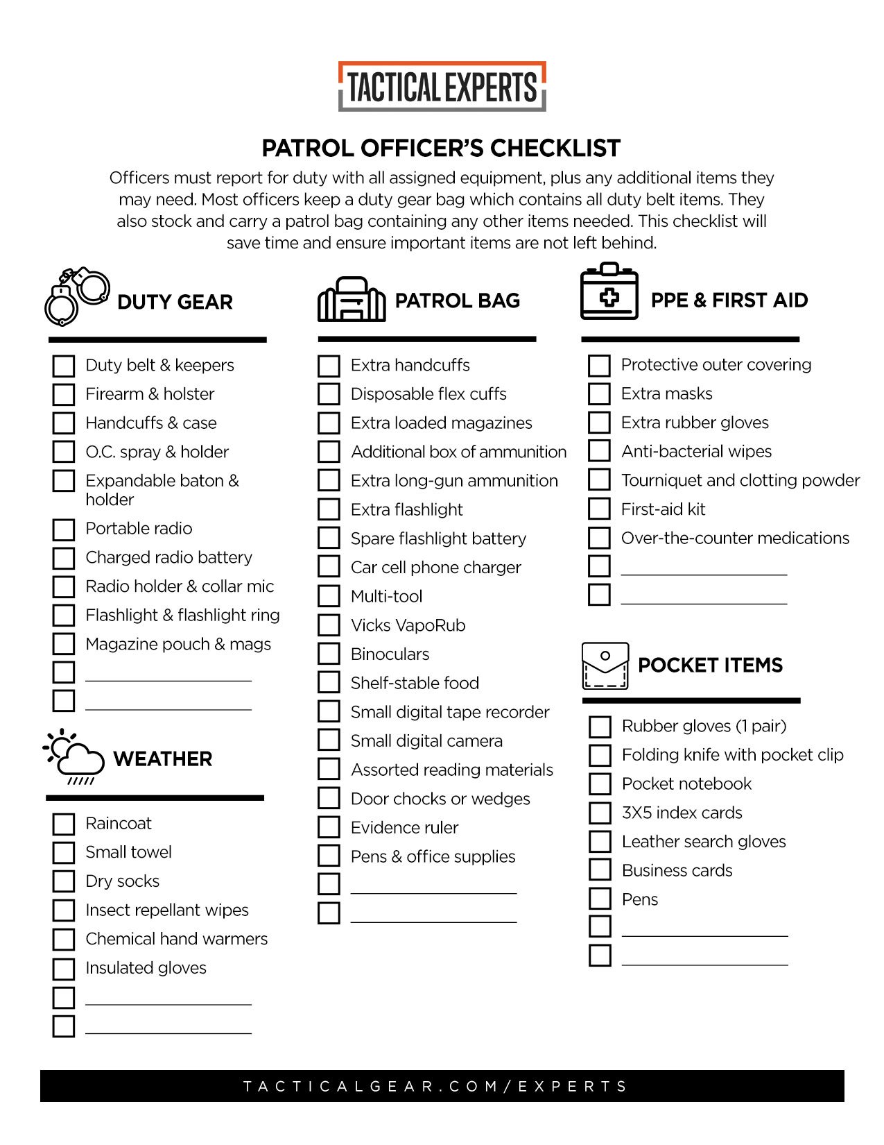 Patrol Officer’s Checklist | Tactical Experts | TacticalGear.com