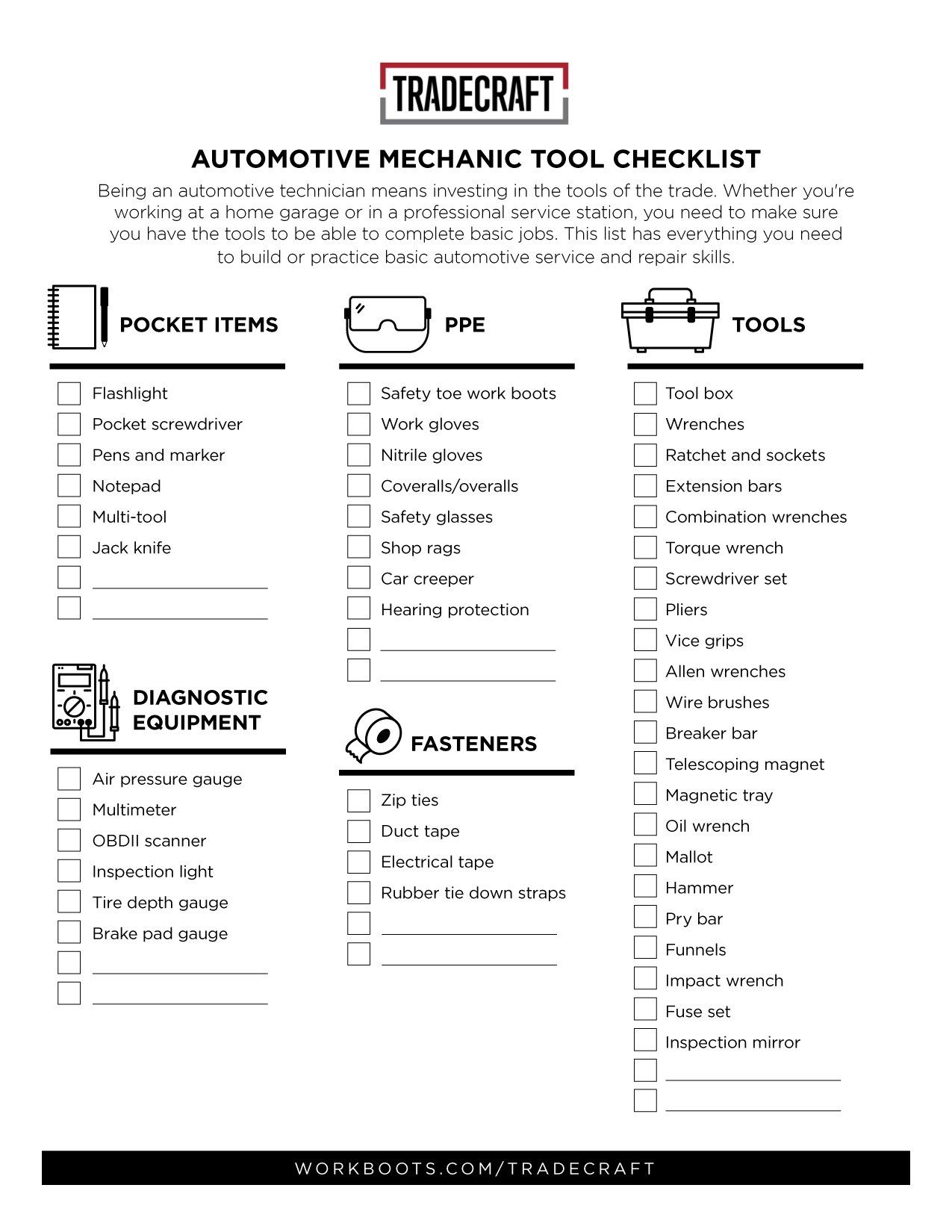 Automotive Mechanic Tool Checklist Tradecraft WorkBoots