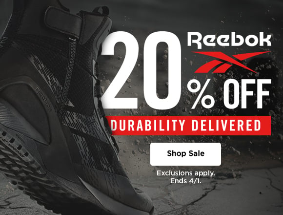 Reebok 20% off. durability delivered. shop sale. exclusions apply. ends 4/1.