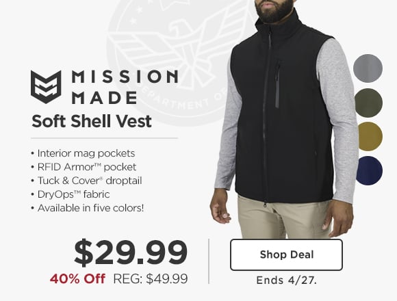 40% off Mission Made Soft Shell Vest. $29.99. regular: $49.99. shop deal, Ends 4/27.