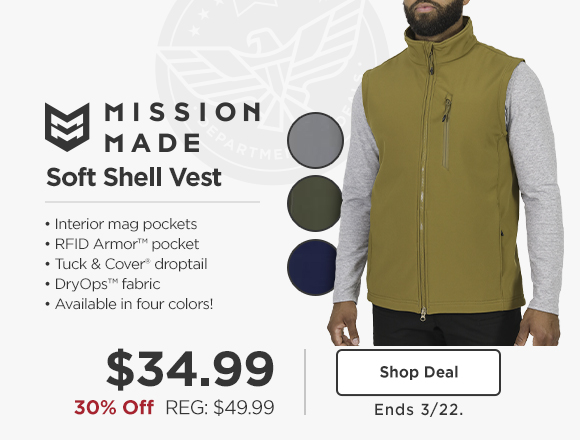 30% off mission made soft shell vest. now $34.99, ends 3/22.