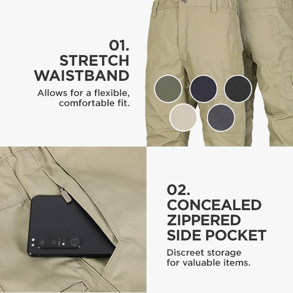 o1. STRETCH WAISTBAND Allows for a flexible, comfortable fit. olg.o 02. CONCEALED ZIPPERED SIDE POCKET Discreet storage for valuable items. 