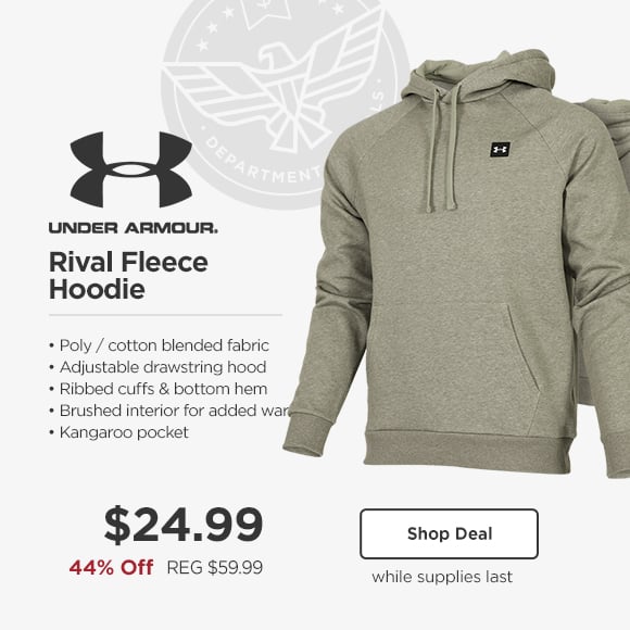 UNDER ARMOUR. Rival Fleece Hoodie Poly cotton blended fabric - Adjustable drawstring hood - Ribbed cuffs bottom hem Brushed interior for added war Kangaroo pocket $24.99 445% Off REG$5999 while supplies last 
