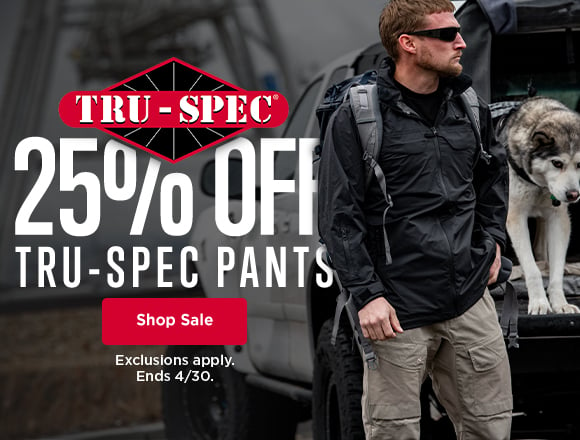 work pants sale. 25% off tru-spec pants. shop sale. exclusions apply. ends 4/31.