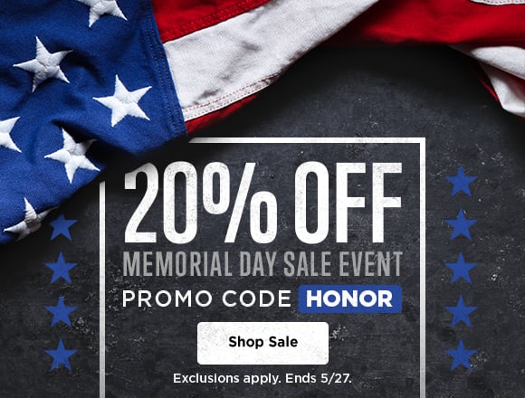 20% off memorial day sale event. Promo code HONOR. Shop sale. Exclusions apply. Ends 5/27